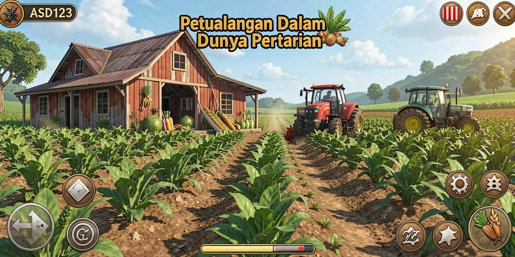 Tampilan gameplay menarik dari ASD123 yang menampilkan ladang subur dan hewan ternak.