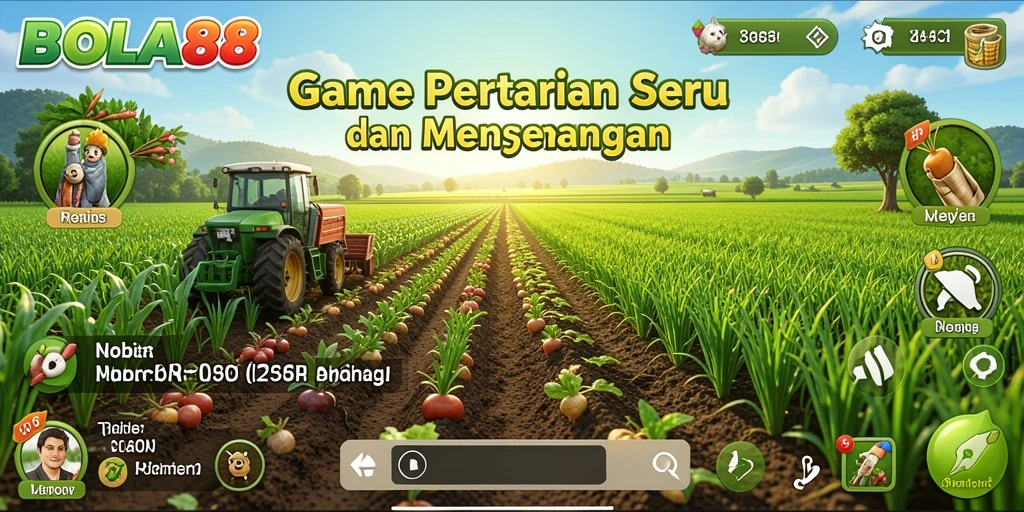 Screenshot gameplay BOLA88 menampilkan lahan pertanian yang subur dan tanaman yang sedang tumbuh.
