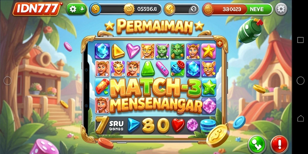 Screenshot gameplay IDN777 menampilkan aksi Match-3 yang seru.
