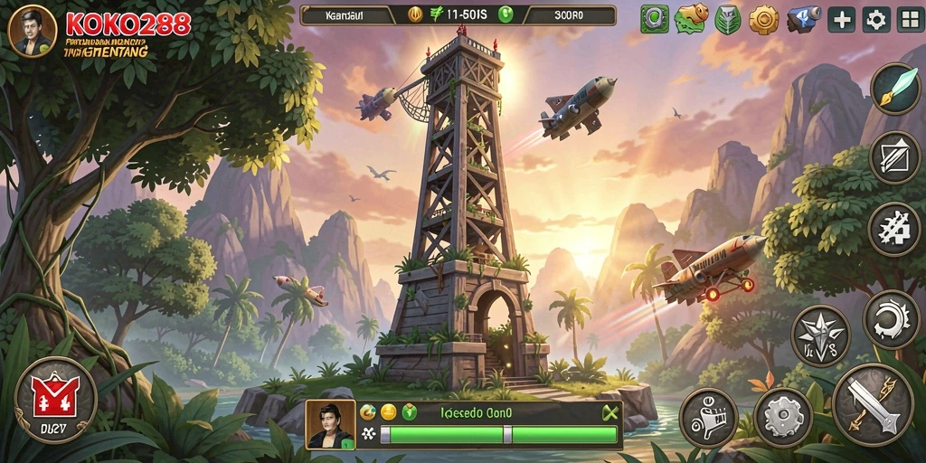 Tampilan gameplay KOKO288 dengan aksi menara mempertahankan wilayah.