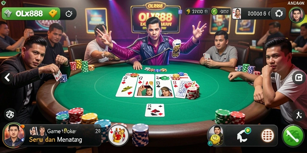 Screenshot OLX888 menunjukkan aksi seru dalam permainan poker.