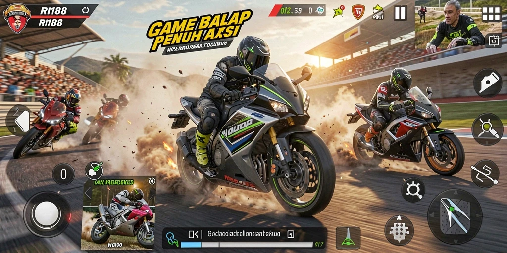 Gameplay seru balap motor di jalur yang mendebarkan.