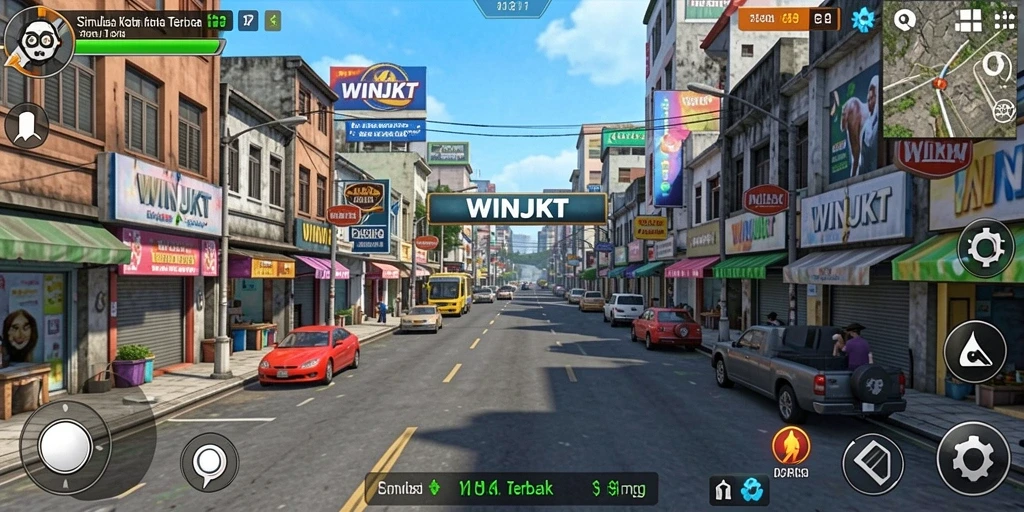 Gameplay menawan di WINJKT menampilkan pembangunan kota yang interaktif.